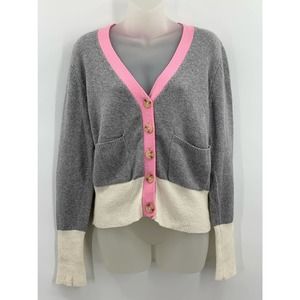 POPSUGAR Medium Cardigan Gray Pink Trim Button Front Pockets Sweater Barbiecore